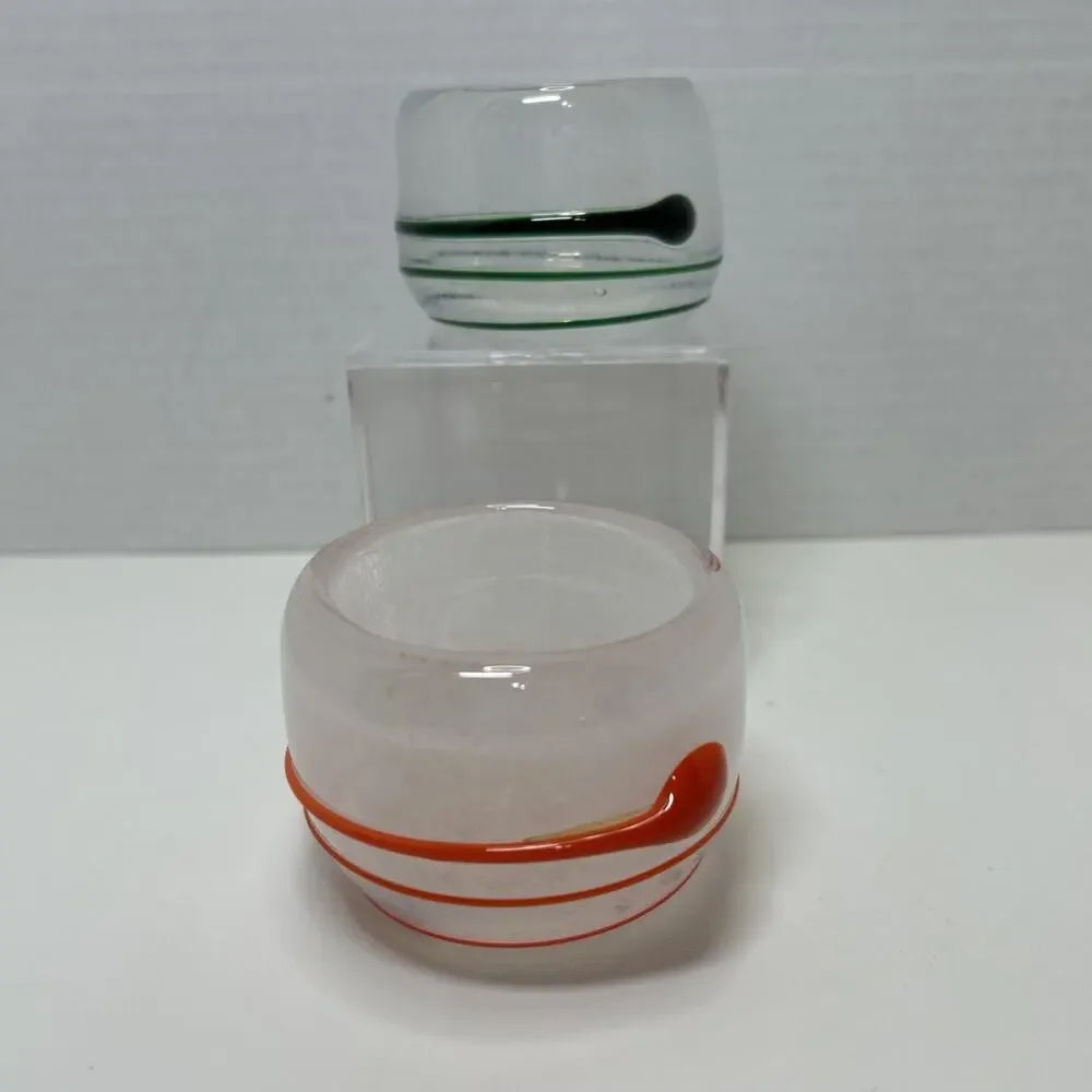 2 Hand Blown Studio Art Glass Votive Candle Holder Frosted Applied Green Orange